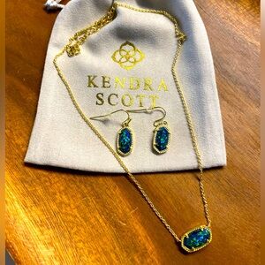 Kendra Scott gold earrings and necklace with a gorgeous blue green stone.